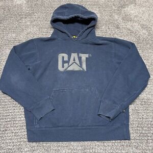 CAT Mens Hoodie Sweatshirt Size M Pullover Embroidered Big Logo Faded Navy